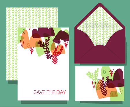 Save the day Open envelope and various cards. Beautiful  floral pattern. Simple delicate ornament. Hand Drawn doodles. Wedding, anniversary, birthday, Valentin's day, party invitations.のイラスト素材