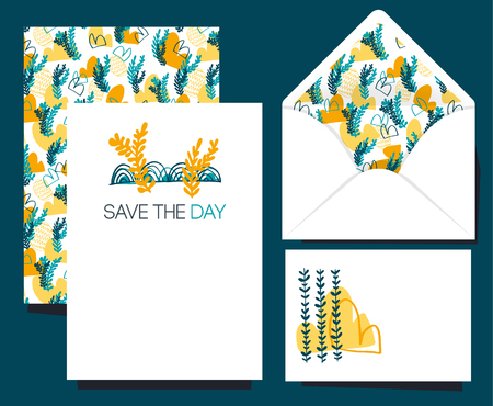 Vector set for design. Open envelope and various cards. Beautiful  floral pattern. Simple delicate ornament. Hand Drawn doodles. Wedding, anniversary, birthday, Valentin's day, party invitations.saves the dayのイラスト素材