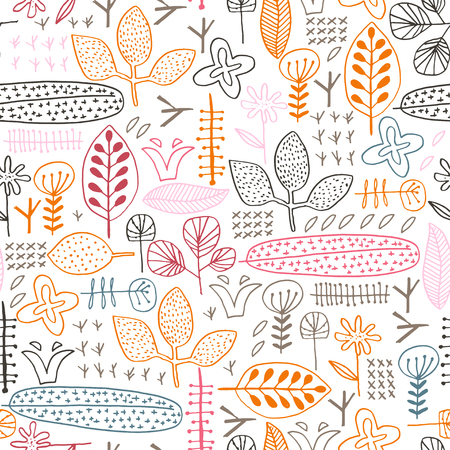 Vector floral seamless pattern with hand drawn leaves and flowersのイラスト素材
