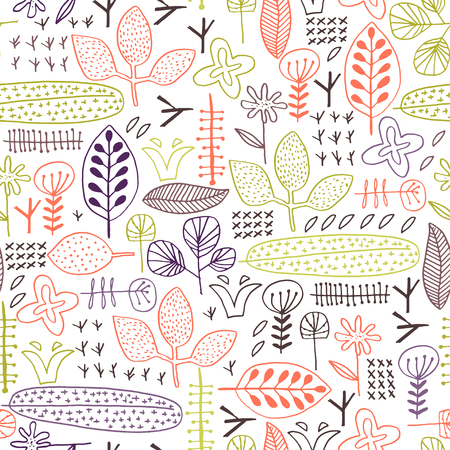 Vector floral seamless pattern with hand drawn leaves and flowersのイラスト素材