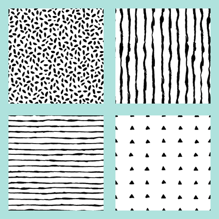 Set of 4 creative seamless pattern. Hand Drawn textures made with ink. Abstract background with brush strokes. Monochrome hand drawn print with. Trendy monochrome texture graphic design.のイラスト素材