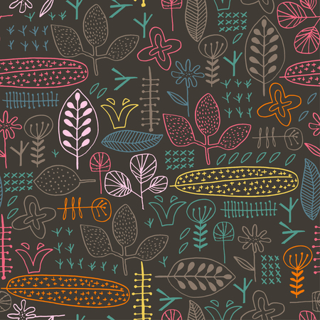 Vector floral seamless pattern with hand drawn leaves and flowersのイラスト素材