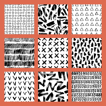 Set of hand-drawn seamless brush strokes patterns. Abstract background with brush strokes. Monochrome hand drawn print. Background can be used for web page backgrounds, wallpapers, wrapping papers.のイラスト素材
