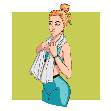 young fit woman in sportswear, with water towel after workoutのイラスト素材