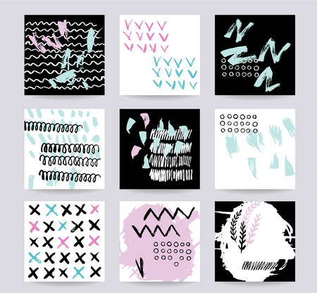 A set of hand drawn abstract compositions with hand drawn textures. Wedding, anniversary, birthday, Valentine's day, party.のイラスト素材