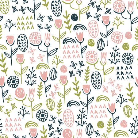 Vector floral pattern in doodle style with flowers and leaves. Gentle, spring floral background. Can be used for wallpaper, pattern fills, web page background, surface textures.のイラスト素材
