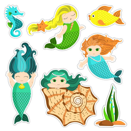 Vector set of little mermaid. Pictures stickers isolated on white background.のイラスト素材