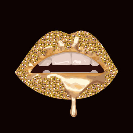 Vector illustration with parted lips. Gold glitter on sexy lips. Dripping with gold paint lips.のイラスト素材