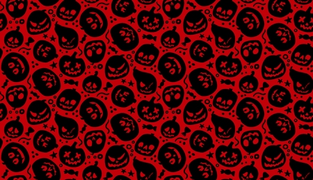 Halloween pumpkins vector seamless pattern. Funny silhouettes of pumpkins faces on a red background.のイラスト素材