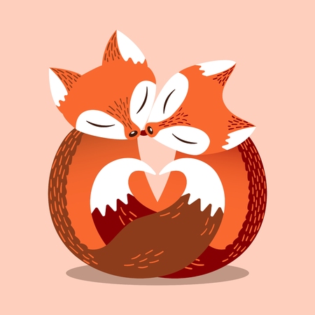 Cute couple of foxes in simple flat style. Heart shape, composed of fox tails. Lovers animals. Bright vector illustration. Cartoon poster, Valentine's day card.のイラスト素材