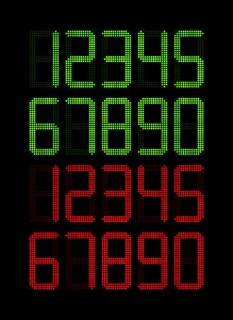 Set of glowing digital numbers. Black electronic display with green and red digital numbers. Poster with numbers, vector illustration.のイラスト素材