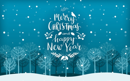 Merry Christmas and Happy New Year Lettering on background with winter landscape. Silhouettes of trees in a fairy forest under a snowfall. Holiday vector illustration.のイラスト素材