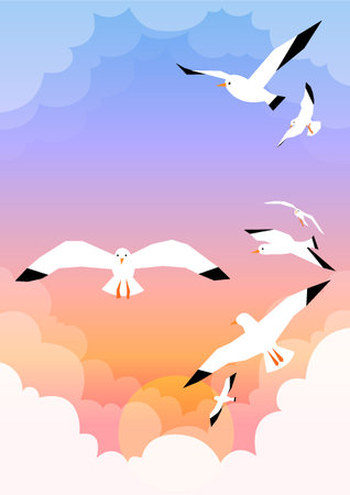 Seagulls flying in the sky. Seagull vector illustration.のイラスト素材