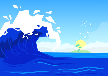 Illustration of a broken rock in the ocean with a palm treeのイラスト素材