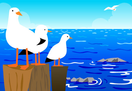 Seagulls on the pier by the sea. Vector illustrationのイラスト素材