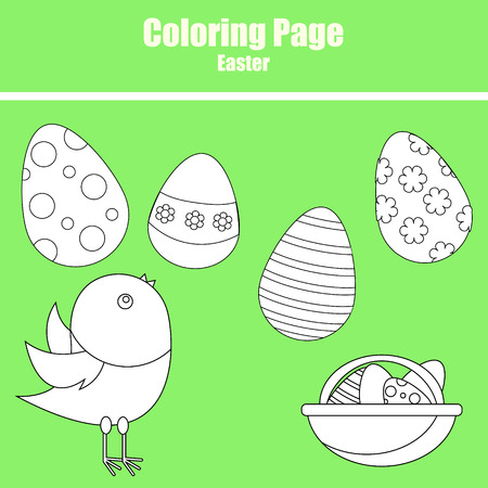 Coloring page for children. Easter scene with chicken and eggsのイラスト素材