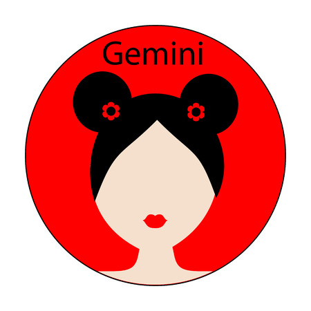 Gemini zodiac sign. Icon with fashionable woman face with trendy hairstyle. Red and black colors. Perfect for design.のイラスト素材