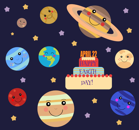 Happy Earth Day illustration with all planets of solar system. Cute style illustrationのイラスト素材