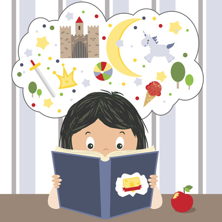 Kid reading fairytales book and dreaming about adventures vector illustrationのイラスト素材