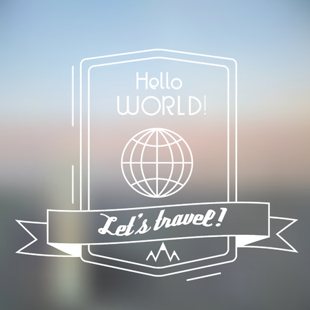 Travel outline badge with globe on blurred background vector illustrationのイラスト素材