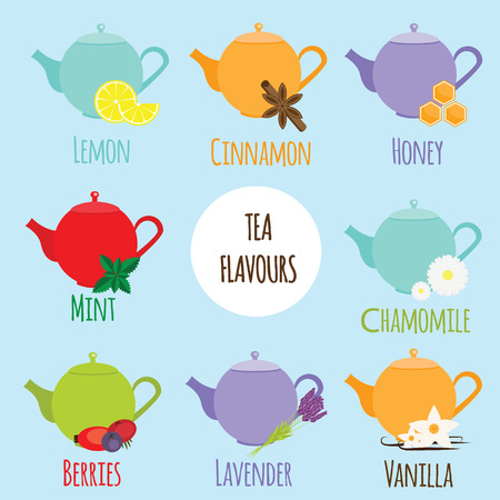 Tea flavours types. Different tea tastes and flavours. Vector illustration of colorful teapots and berries, mint, lemon and other tea flavours types. Design elementsのイラスト素材