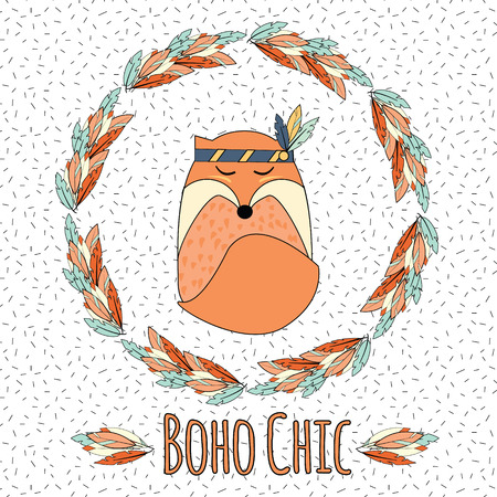 Boho fox and feather wreath in hand drawn style. Tribal, ethnic boho chic inspirational vector illustrationのイラスト素材