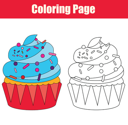 Coloring page with cupcake drawing game for children. Copy colors coloring book for kidsの素材 [FY31058743438]