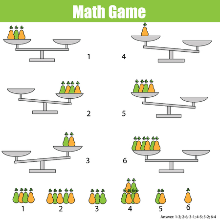 Mathematics educational game for children. Balance the scale. Learning counting, mathematical equation, weights and algebraのイラスト素材