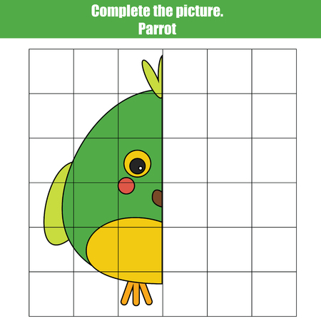 Grid copy game, complete the picture children game, coloring page with parrot. Kids activity sheetのイラスト素材