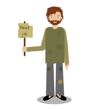 Homeless man begging for job. Vector illustration of beggar characterのイラスト素材