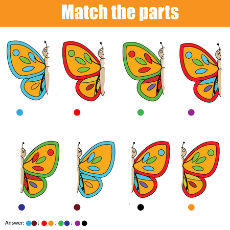 Matching game for pre school age. Match the butterfly parts vector illustrationのイラスト素材