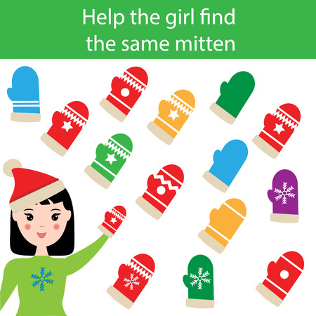 Find the same pictures children educational game. Find equal mittens task for kids. Winter themeのイラスト素材