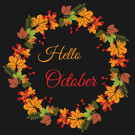 Hello october banner with autumn leaves wreath. Greeting card, calendar, vector illustrationのイラスト素材