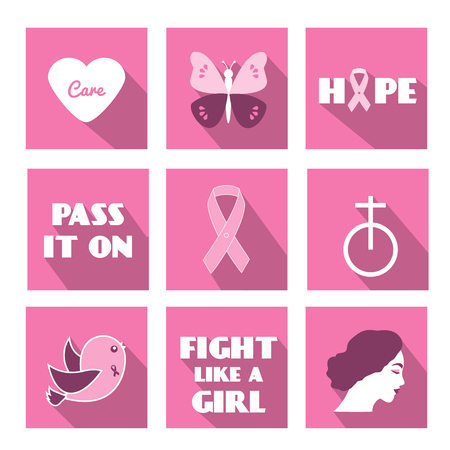 Breast cancer awareness month vector icons in flat style with long shadows. Slogan, phrases and symbols of pink ribbon, hope and etc. For web, applications, stickers and other businessのイラスト素材