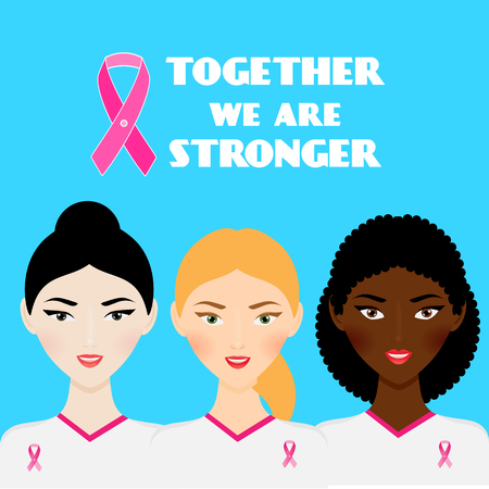 Breast cancer awareness month vector illustration. International woman team african american, caucasian and asian women with pink ribbons and slogan. Background, bannerのイラスト素材