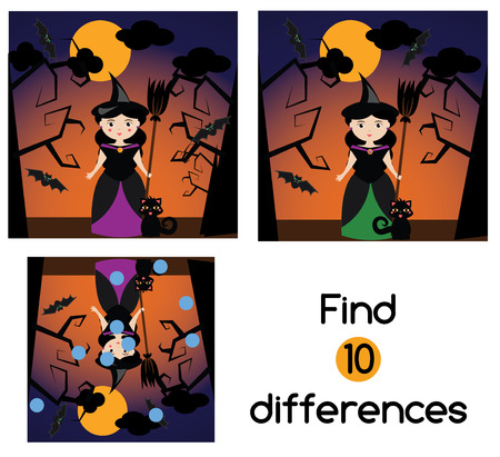 Find the differences educational children game with answer. Kids activity sheet with halloween witch characterのイラスト素材