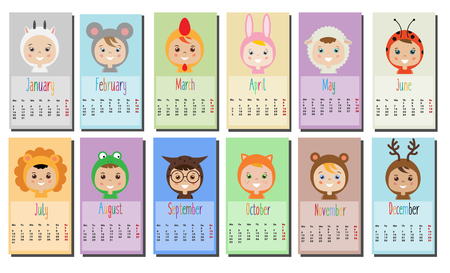 2017 year calendar with Kids in party Outfit. Children in Animal Carnival Costumes. 12 month, full year calendar design template. Calendar for kids.のイラスト素材