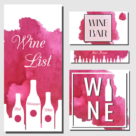 Wine cards design template. Vector flyer collection. Artistic banners, cards for wine bar, wine shop, menu with watercolor splash and bottlesのイラスト素材