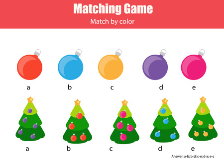 Matching pairs game for kids. Match by color, Find the right ball for each Christmas tree, children educational game. New Year holidays themeのイラスト素材