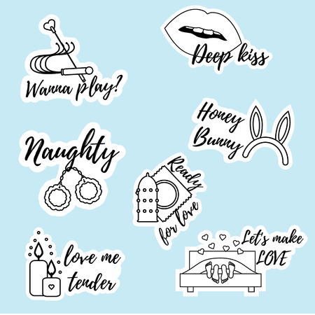 Trendy playful and flirty pins, patches, badges, stickers pack. Romantic, valentines day, love icons Sexy messages for adults. For chat, mobile applications, design elements. Printable erotic stickersのイラスト素材