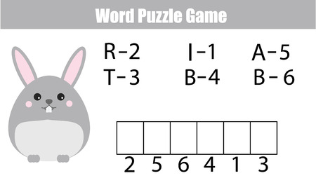 Words puzzle children educational game with numbers code. Place the letters in right order. Learning vocabulary and numbers. Printable worksheetのイラスト素材