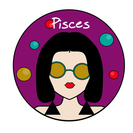 Pisces zodiac sign. Icon with fashionable woman face with trendy hairstyle and circles backgroundのイラスト素材