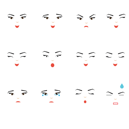 Girl face expressions. Woman, female emoji set, isolated design elements, symbols. Sad, happy, angry and other emotionsのイラスト素材