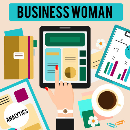 Business woman workspace concept flat vector illustration. Female hand with touchpad and table with office stuff. Top view. Banner for web, shops, social media, commerceのイラスト素材
