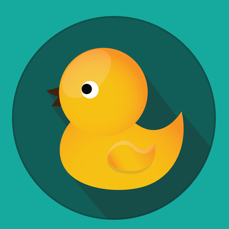 Baby, kids toy. Classic yellow rubber duck for bath. Vector icon with long shadow. Kids toy symbol. Design element for applications, shops, storesのイラスト素材