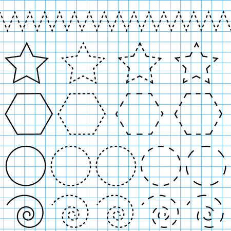Handwriting practice sheet. Educational children game, restore the dashed line. Writing training printable worksheet. Drawing shapesのイラスト素材