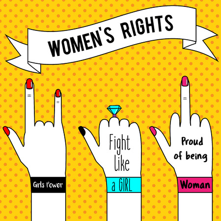 Women's rights. Woman's hands and slogan ribbon. Feminism concept illustration in pop art style for poster, flyersのイラスト素材