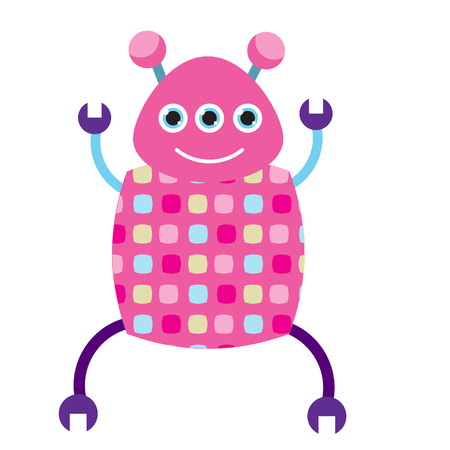 Pink dancing robot character. Vector illustration, isolated design elements. Smiling three eyed android, friendly aiのイラスト素材