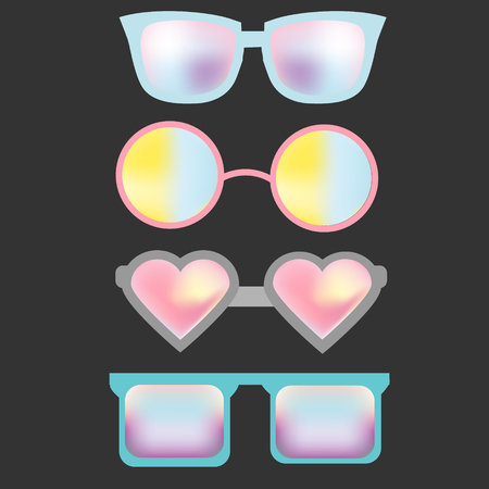 Vector plastic sunglasses set. Candy colors. Summer eyeglasses for kids. Different style and lens shapes. Design elementsのイラスト素材
