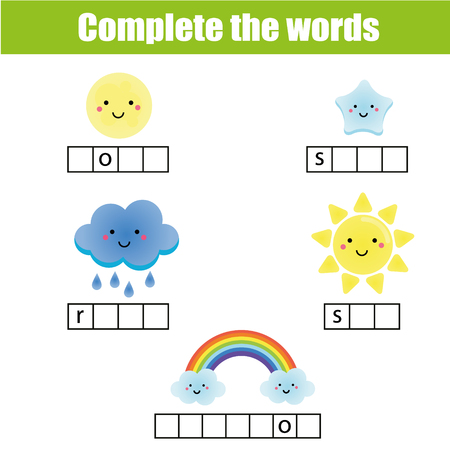 Complete the words children educational game. Weather theme and vocabulary. Sky elementsのイラスト素材